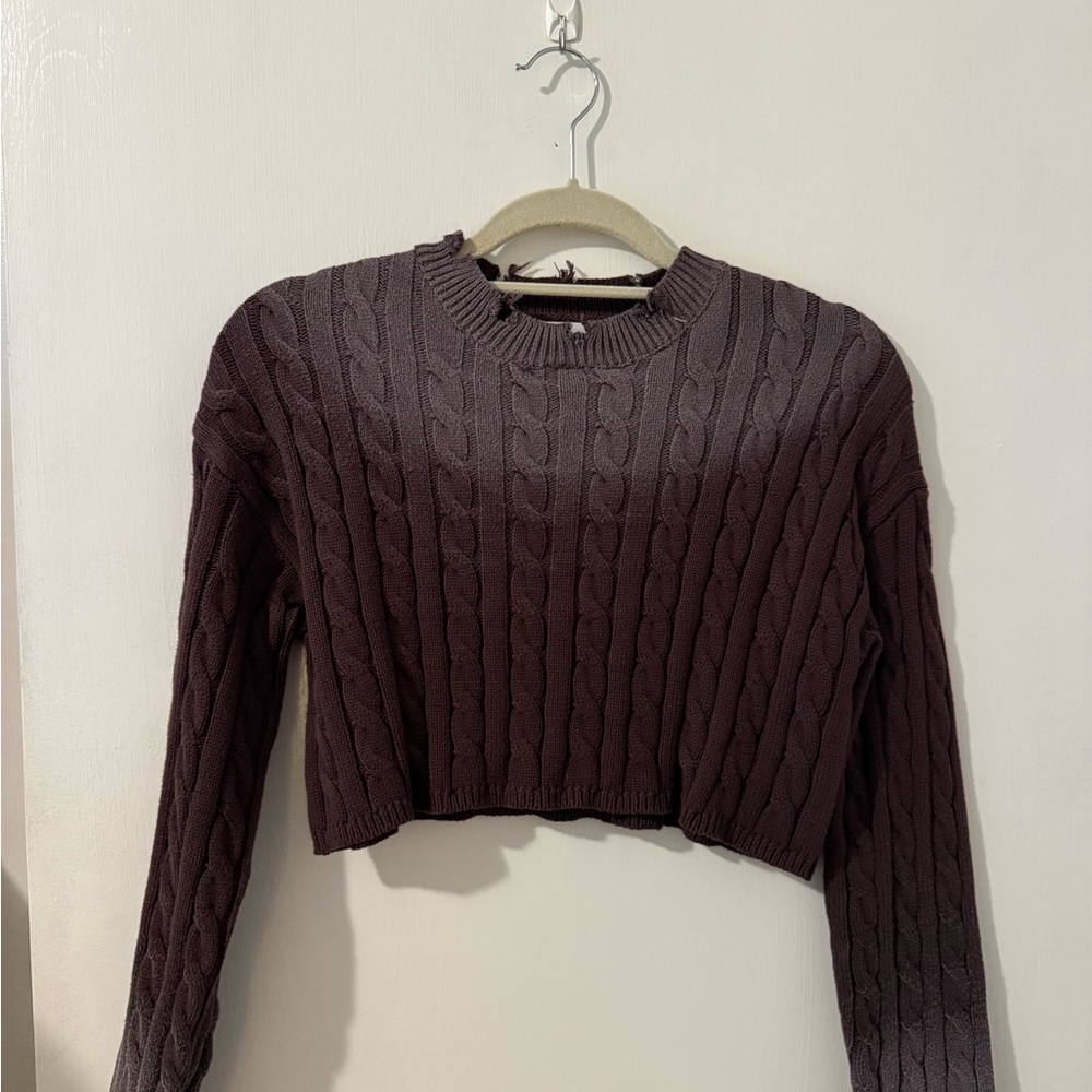 Cable Knit Cropped Sweater - Brown